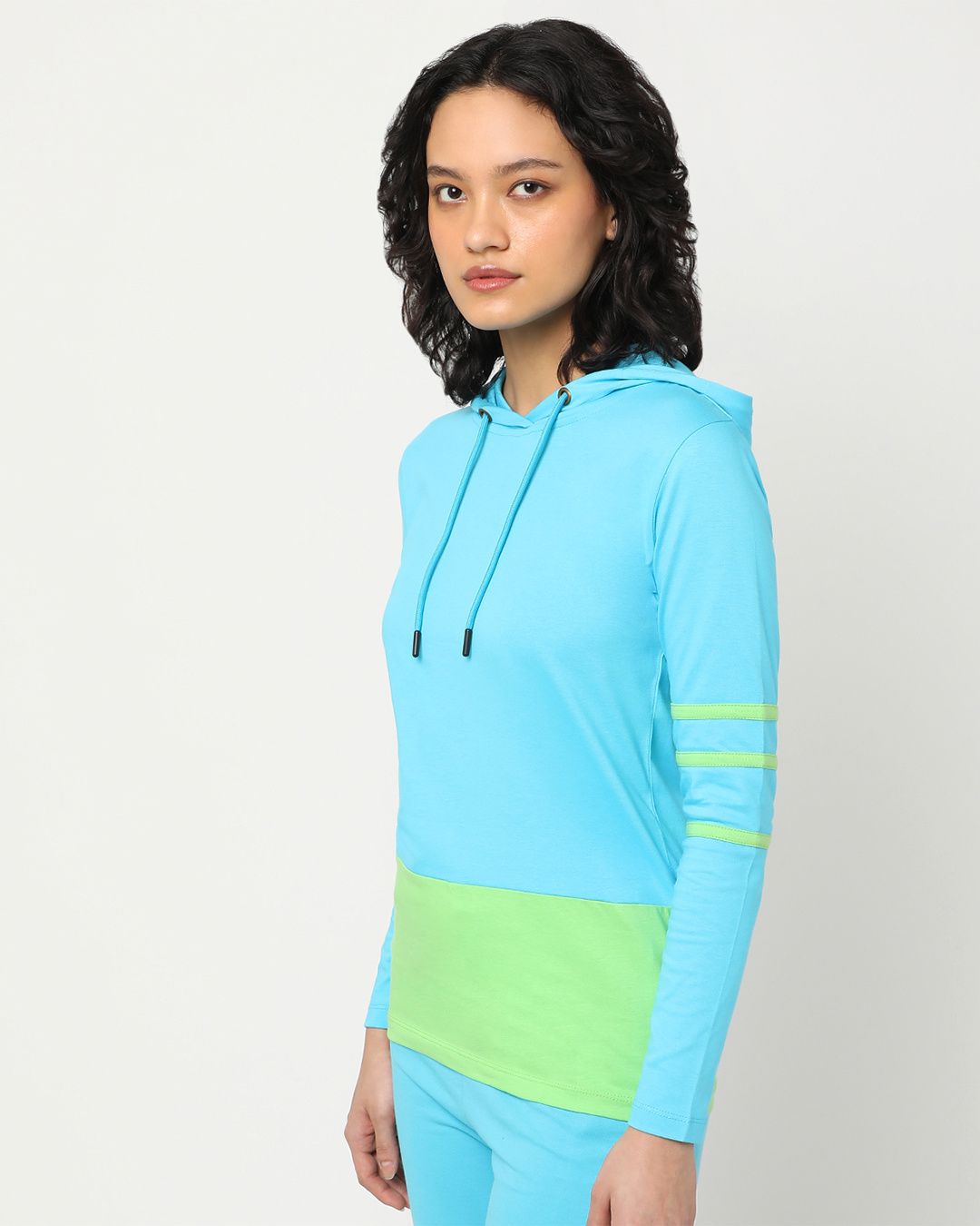 Shop Upbeat Blue Color Block Slim Fit Hoodie T-shirt-Back