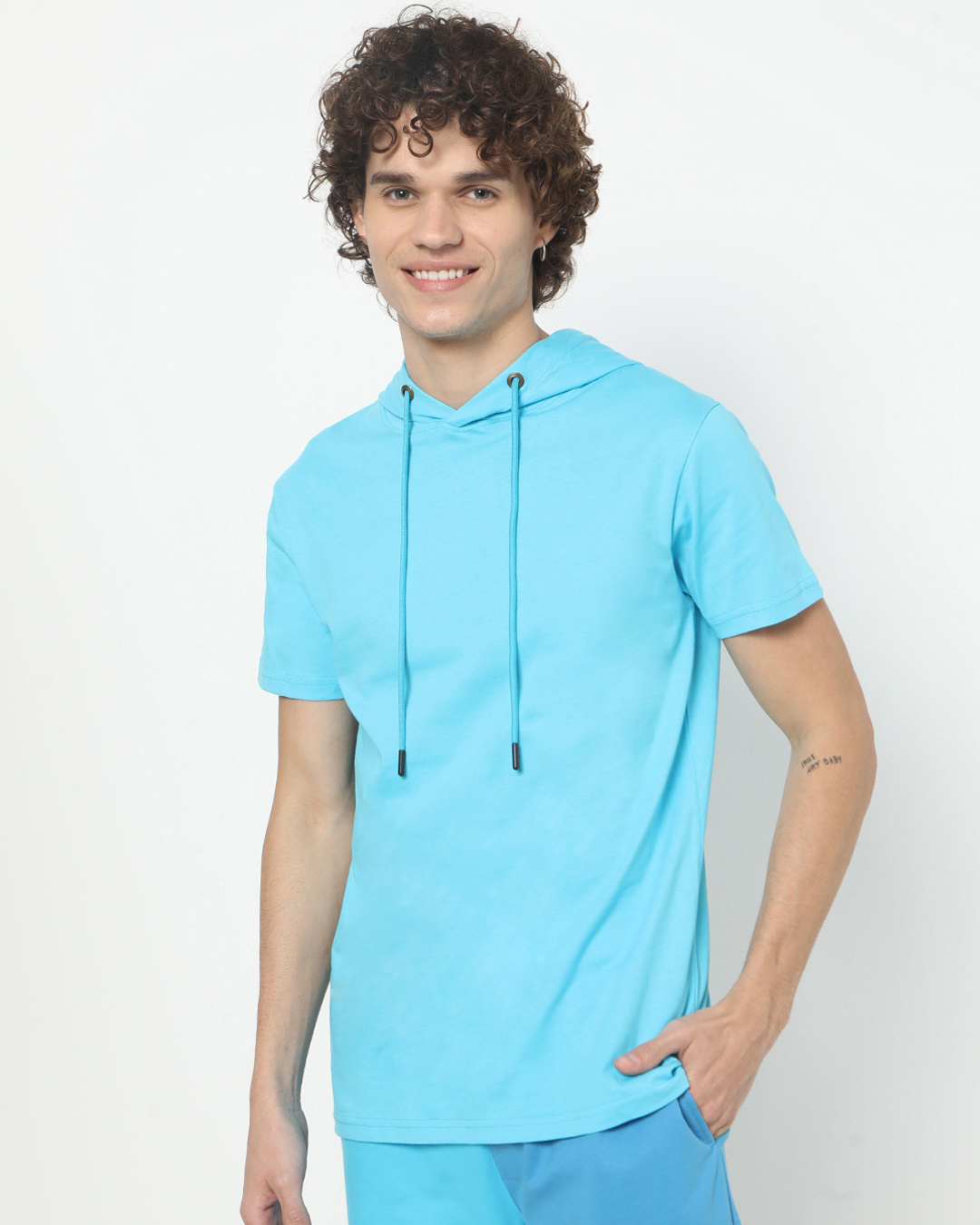 Shop Men's Upbeat Blue Half Sleeve Hoodie T-shirt-Back