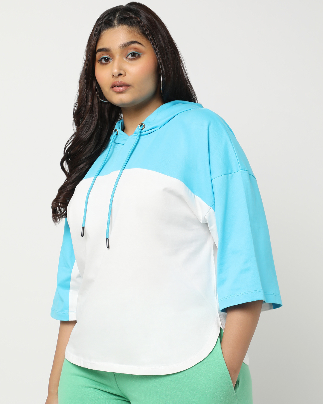 Shop Upbeat Blue Plus Size Color Block Oversized Hoodie T-shirt-Back