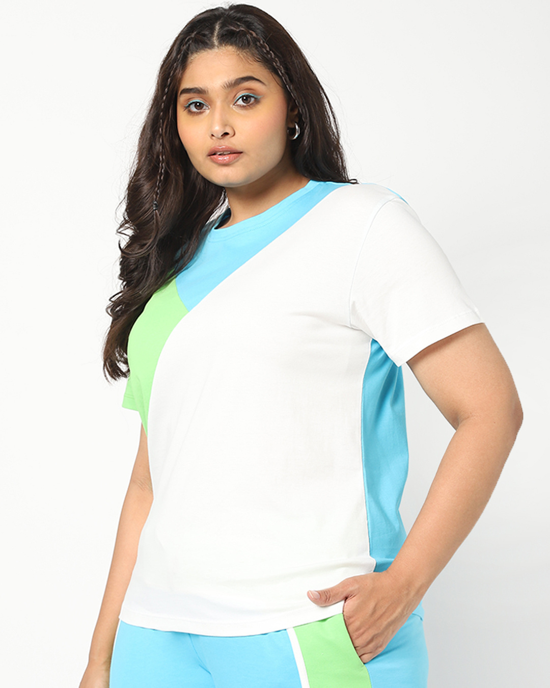 Shop Upbeat Blue Plus Size Color Block T-shirt-Back