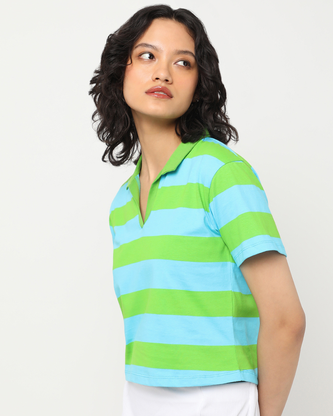 Shop Women's Green & Blue Striped Polo T-shirt-Back