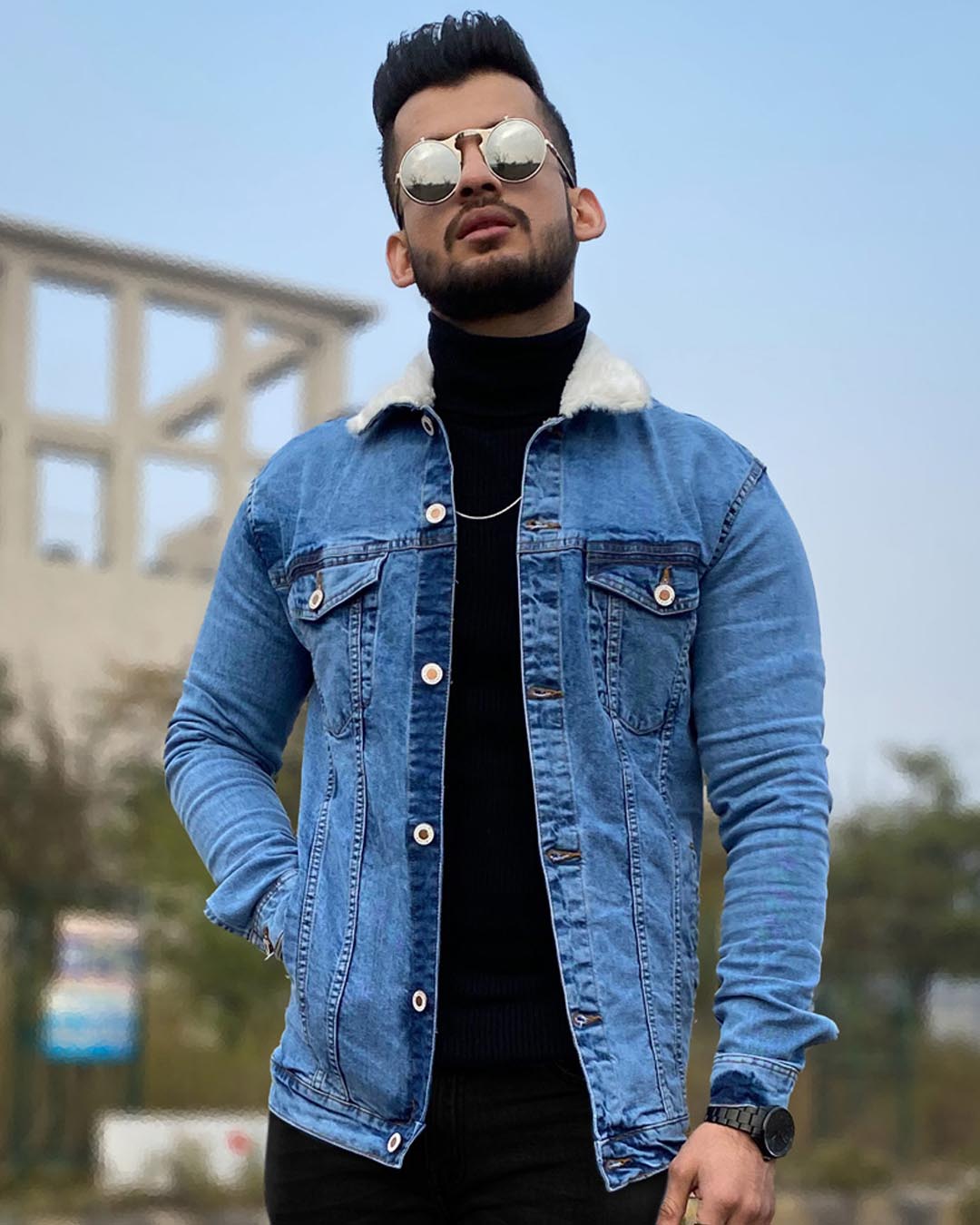 Buy Urban Estilo Blue Washed Denim Jacket With Fur Online at Bewakoof