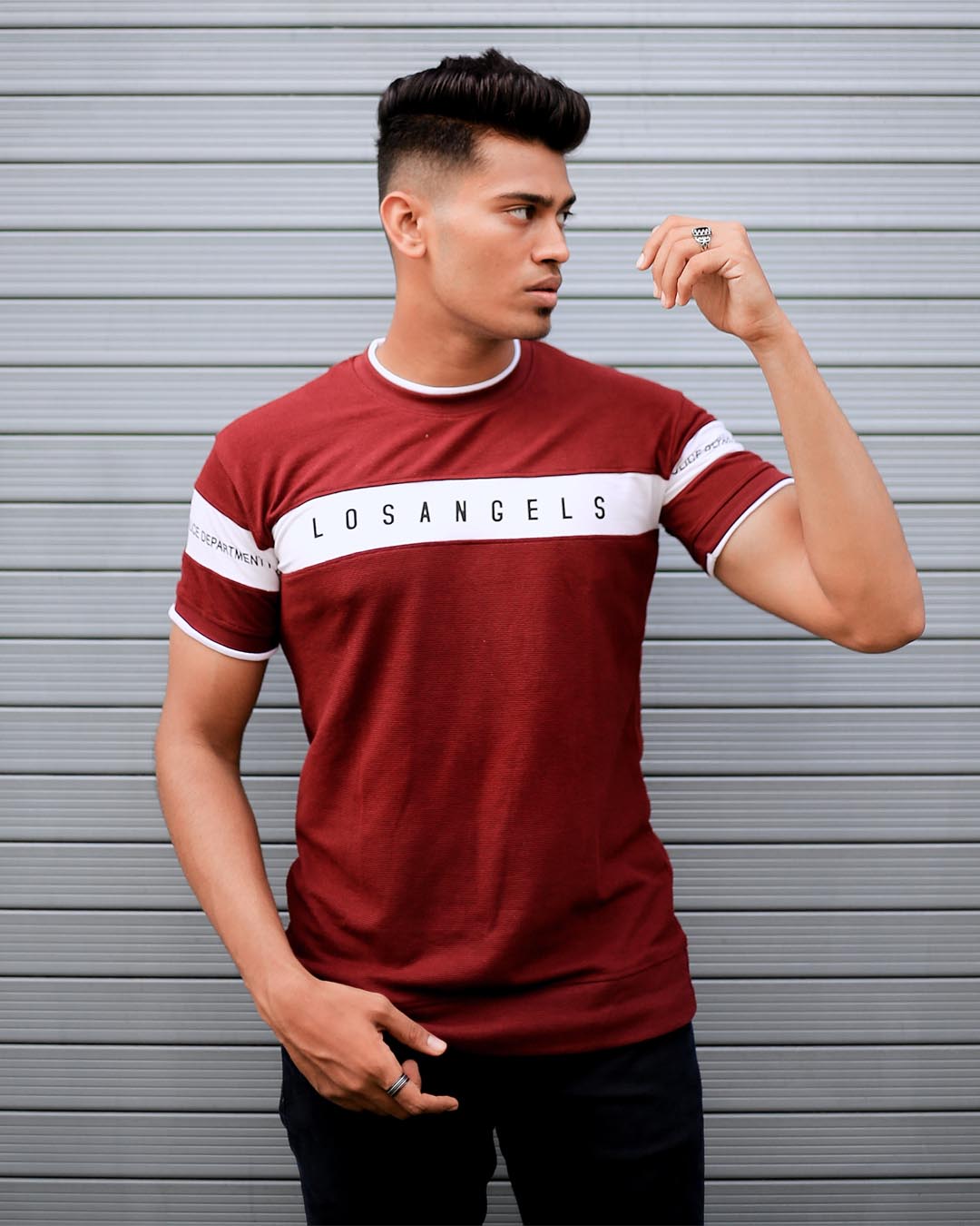 Shop Maroon Los Angels Chest Tape Half Sleeves T Shirt-Front