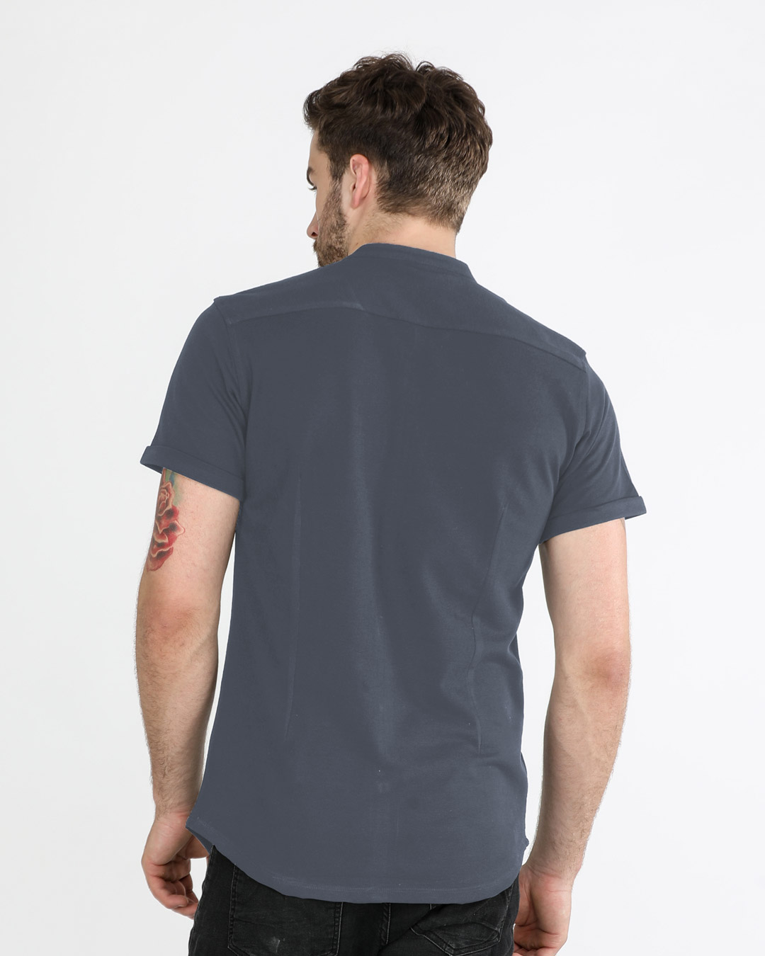Shop Urban Grey Mandarin Collar Pique Shirt-Back