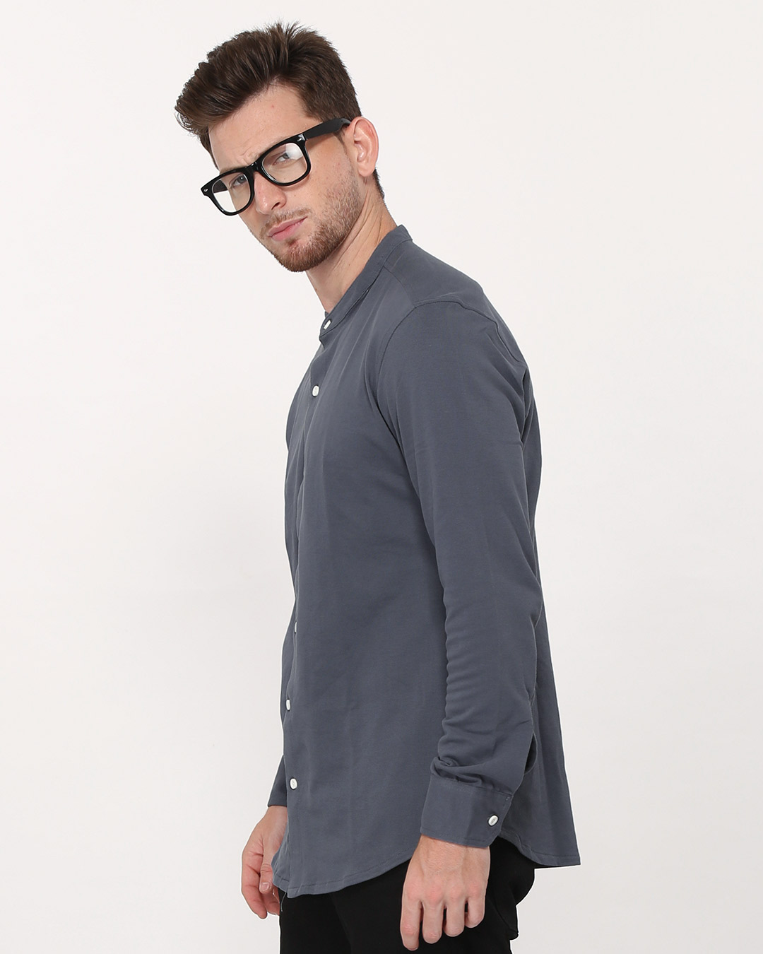 Shop Urban Grey Mandarin Collar Full Sleeve Pique Shirt-Back