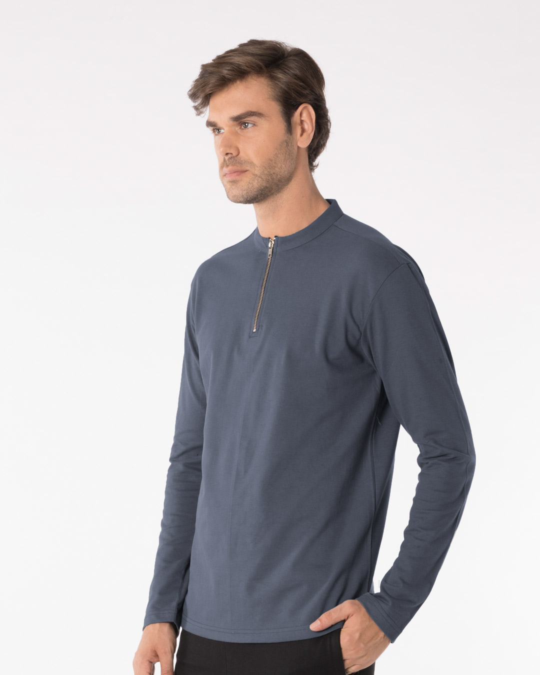 Shop Urban Grey Zip Henley Full Sleeve Pique T-Shirt-Back