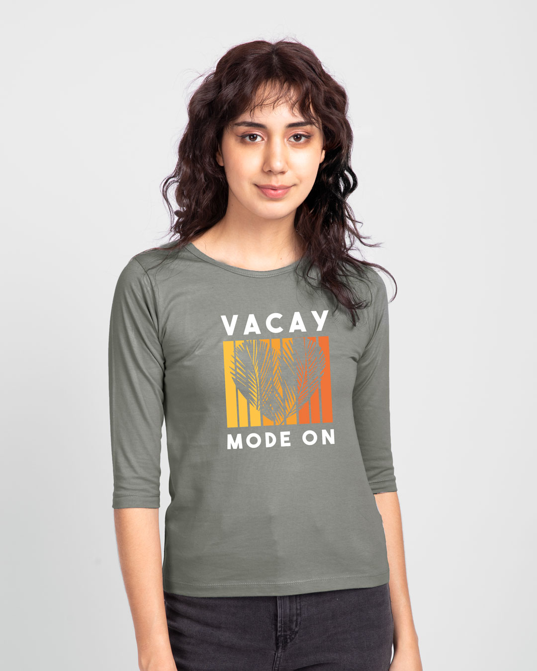 Shop Vacay Sunset Round Neck 3/4 Sleeve T-Shirt Meteor Grey-Back