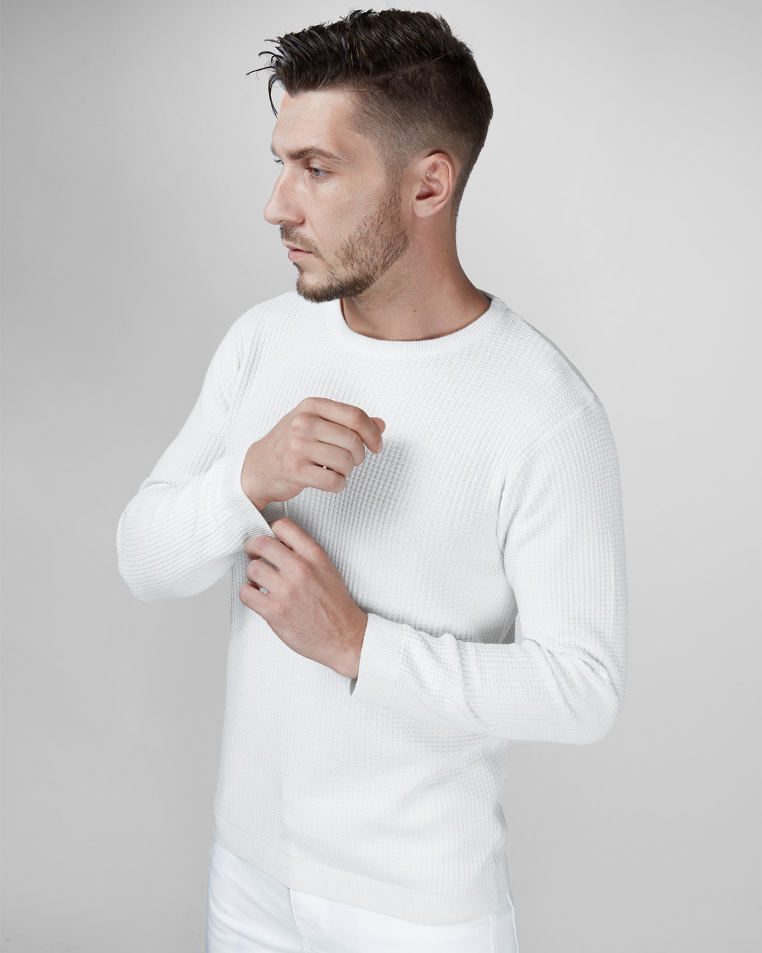 white waffle knit long sleeve