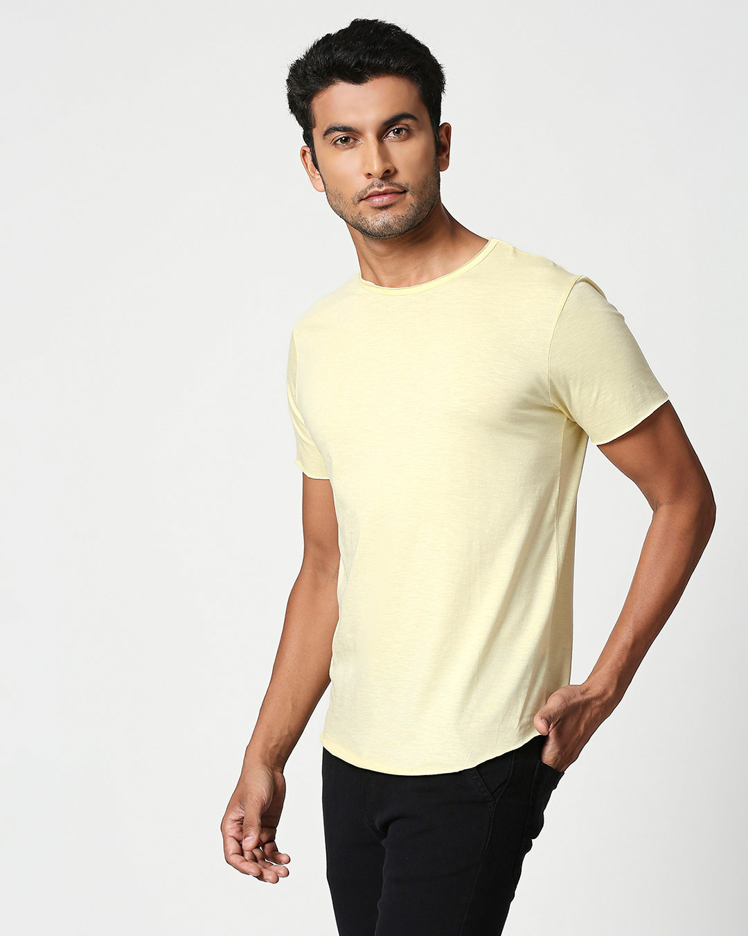 Shop Vanilla Yellow Raw Edge Slub Halfsleeve T-Shirt-Back