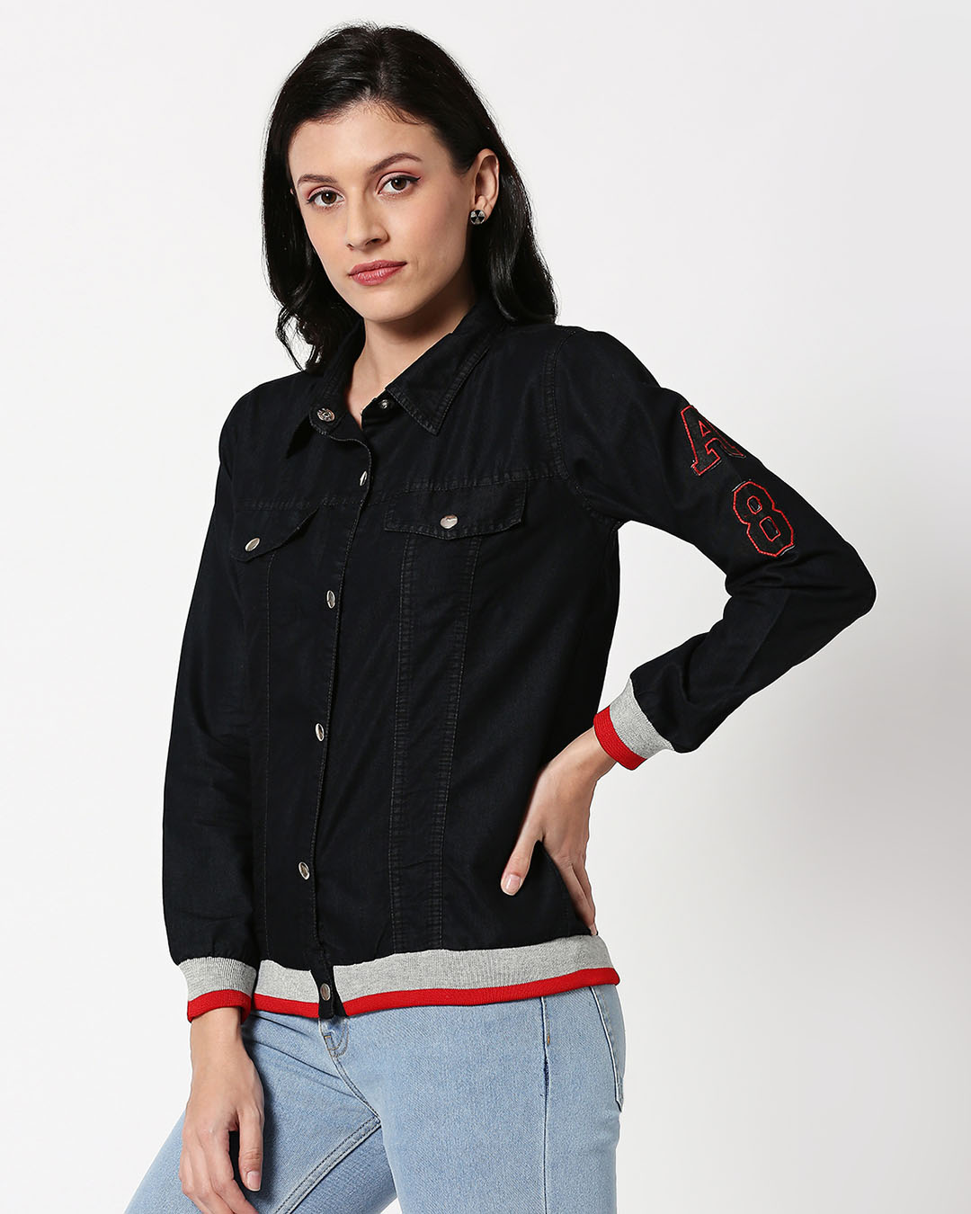 Shop Spykar Women Dark Blue Regular Fit Classic Collar Denim Jacket