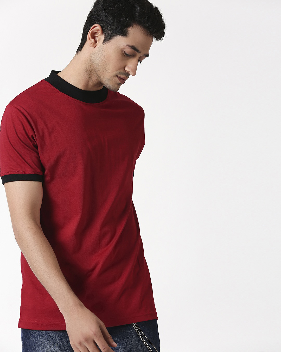 

Cherry Red High Neck Ringer T-Shirt Men' Plain Colorblock Ringer T-Shirt Bewakoof.com, Black-red