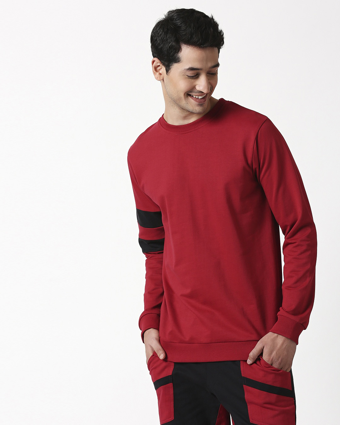 

Cherry Red Sports Trim Fleece Sweater Men' Plain Sports Trim Fleece Sweater Bewakoof.com, Red-black