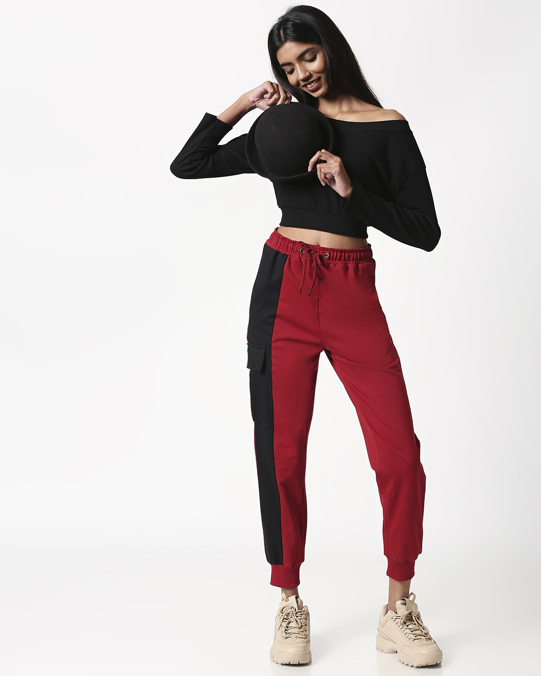 

Cherry Red Side Panel Pocket Jogger Women' High Waist Color Block Joggers Bewakoof.com, Red-black