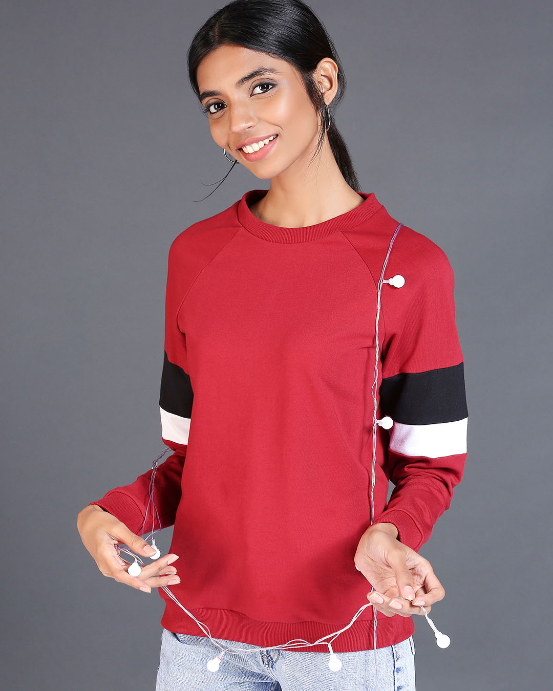 

Cherry Red Sports Trim Sweater Women' Plain Sport Trim Fleece Sweater Bewakoof.com, Red-black-white
