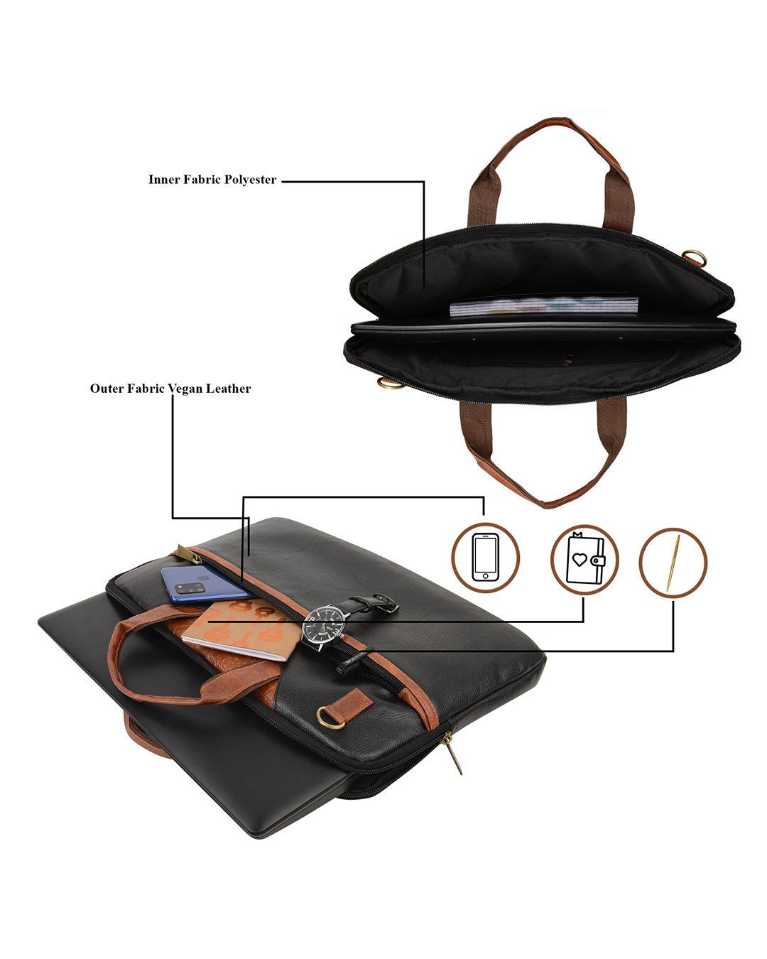 Shop Faux Leather 15.6 Inch Contrast Black Padded Laptop Messenger Bag For Men & Women-Back