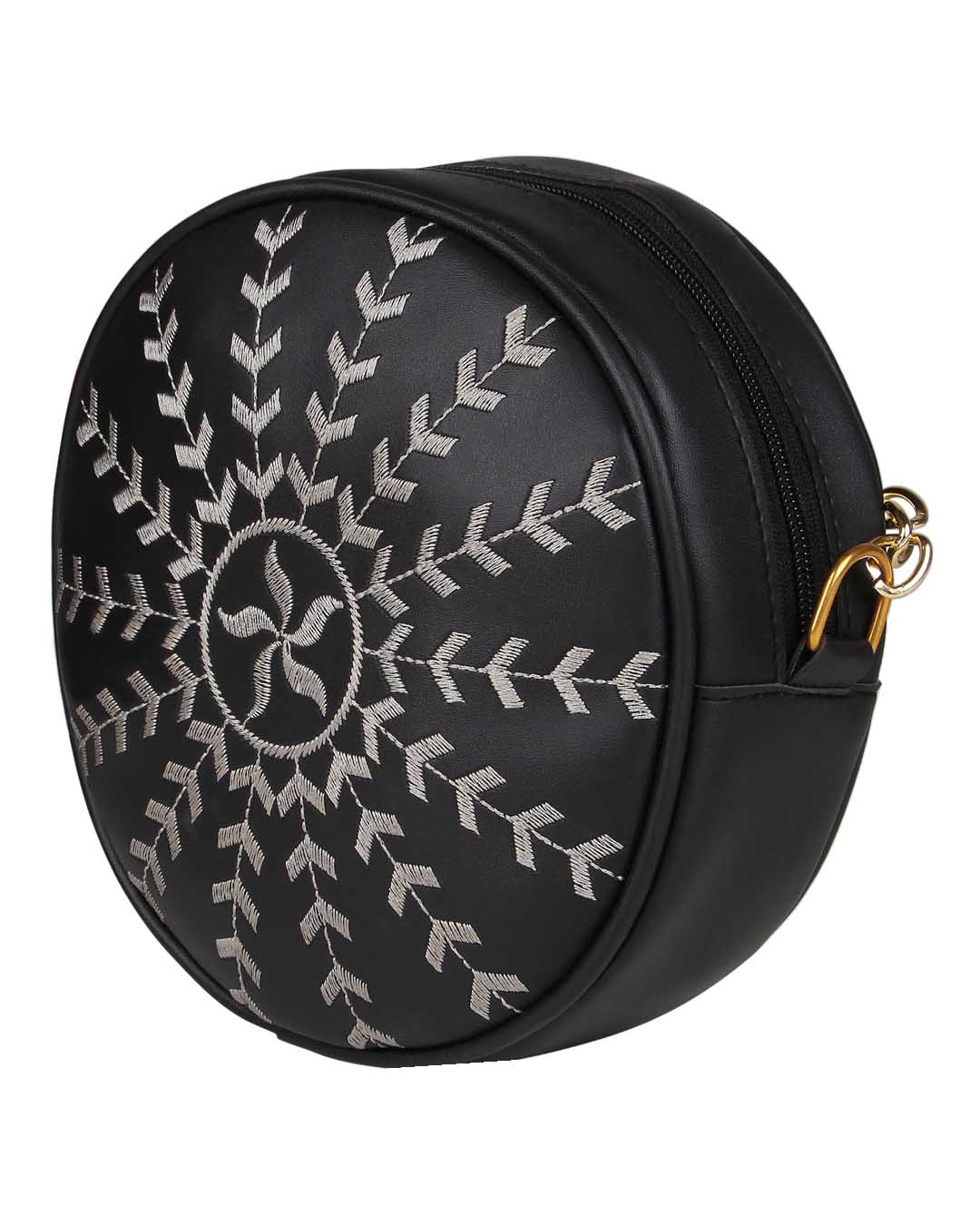Shop Faux Leather Round Embroidery Sling Bag Black-Back