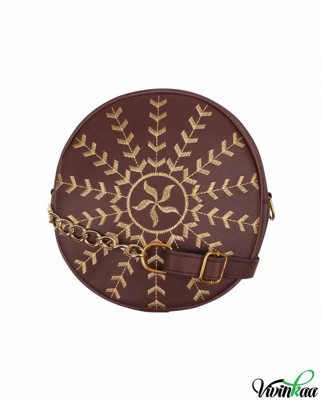 vivinkaa faux leather embroidery handle coffee round sling bag