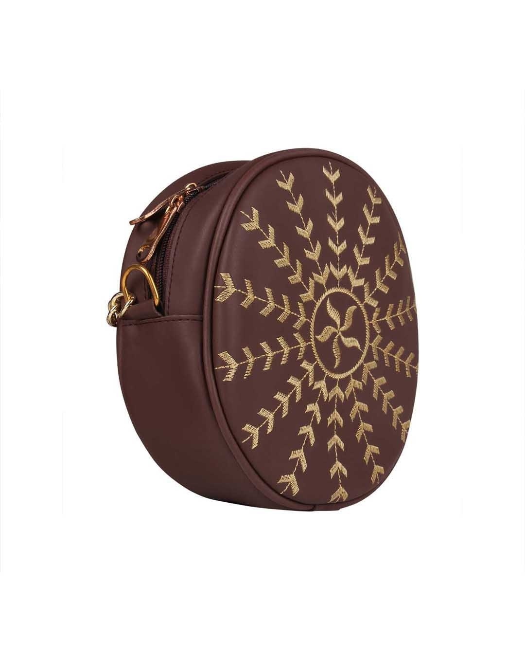 Shop Faux Leather Round Embroidery Sling Bag Coffee-Back