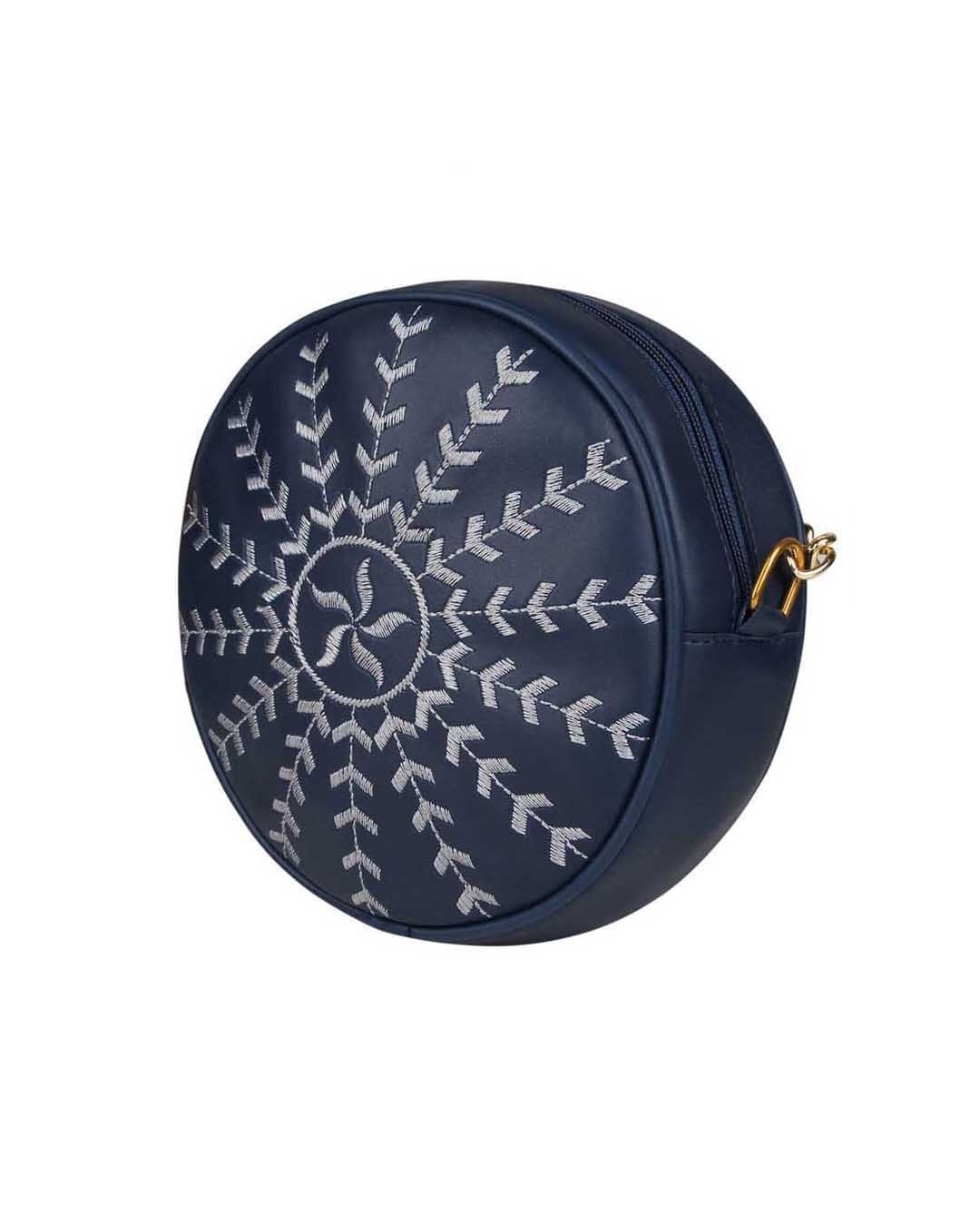 Shop Faux Leather Round Embroidery Sling Bag Navy-Back