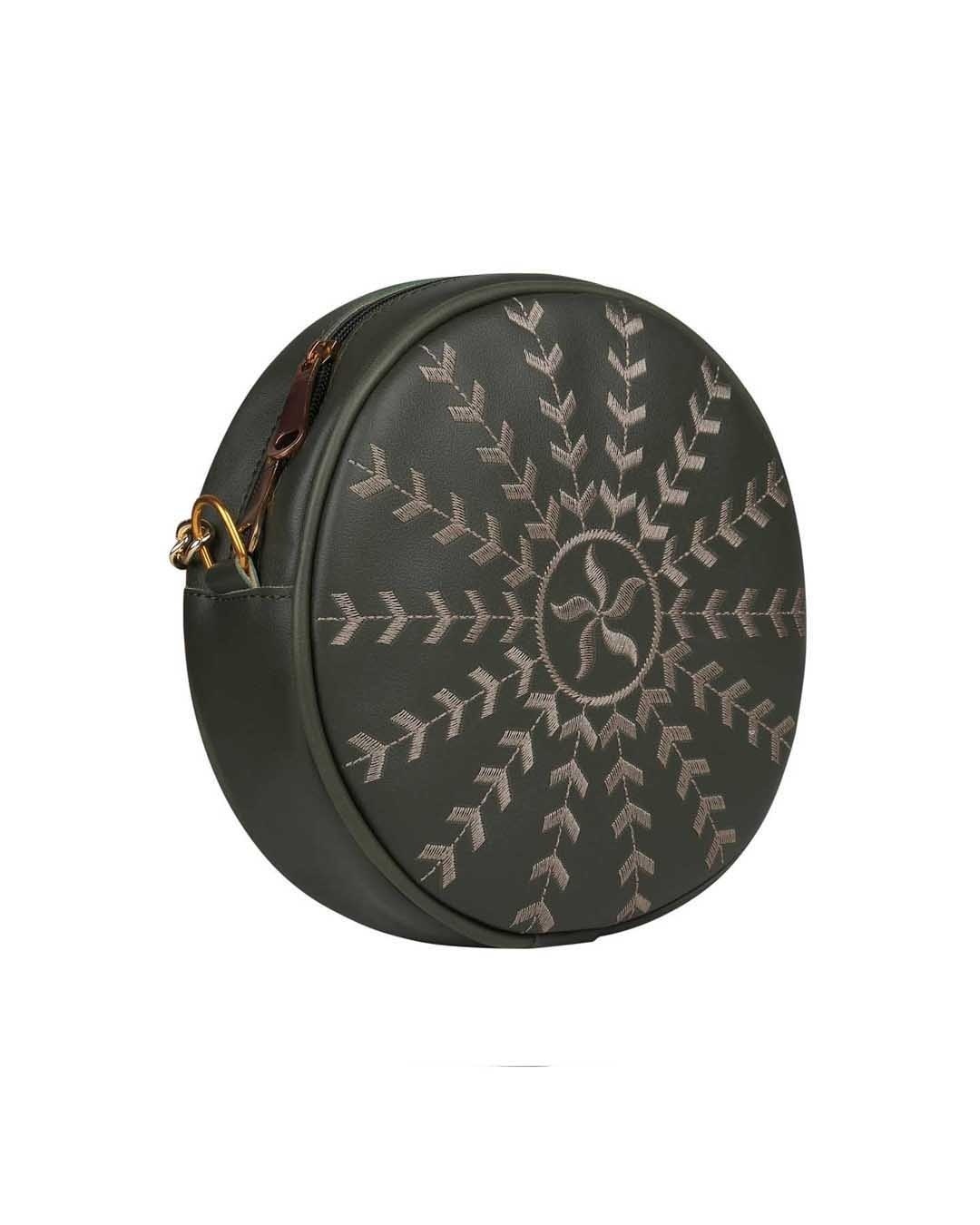 Shop Faux Leather Round Embroidery Sling Bag Olive-Back