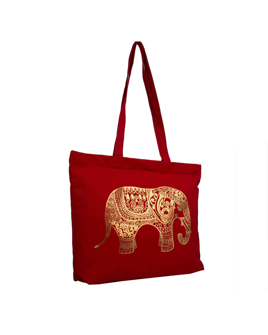 Shop Gold Red Elephant Printed Solid Tote-Back