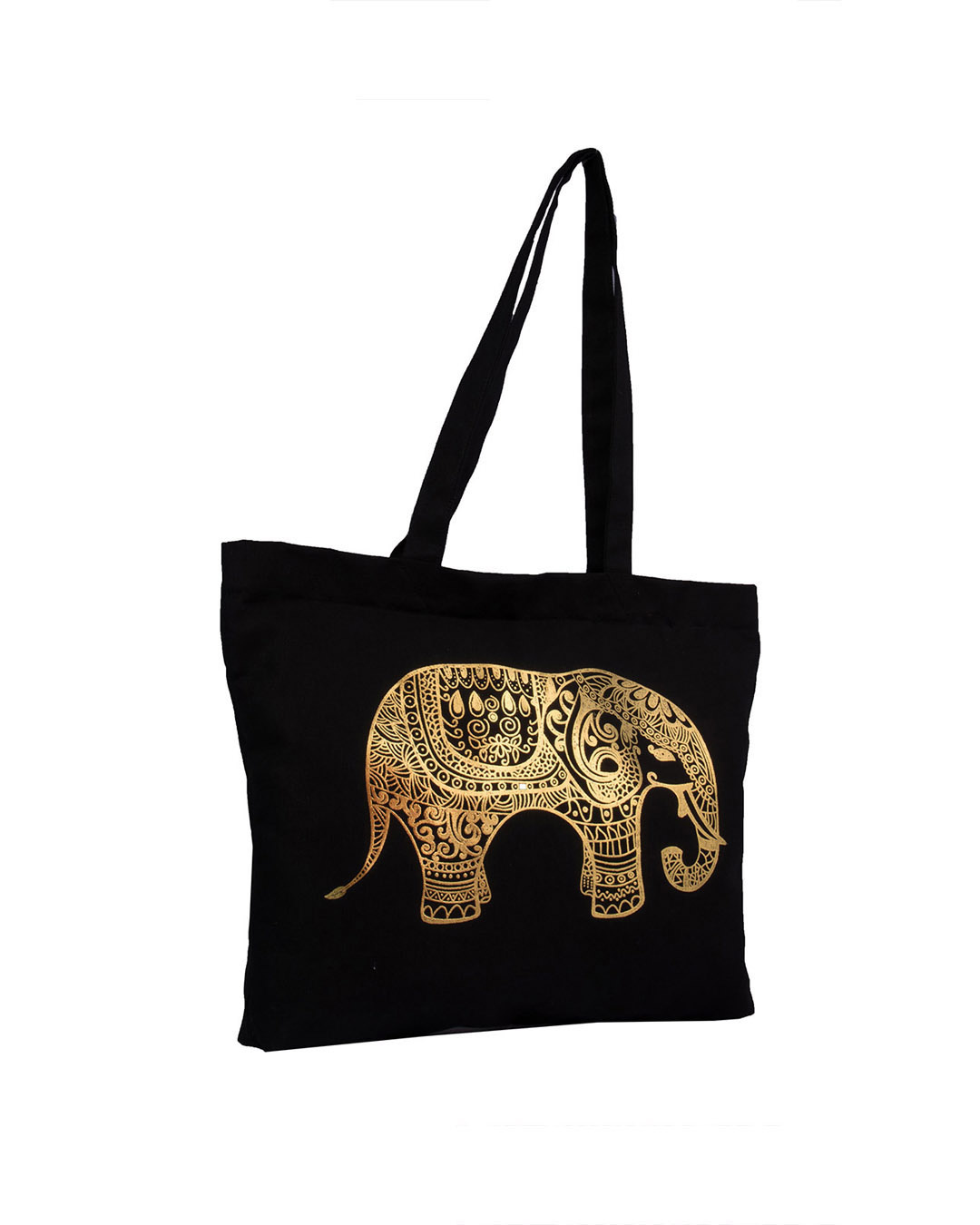 Shop Golden Elephant Print Black Tote-Back
