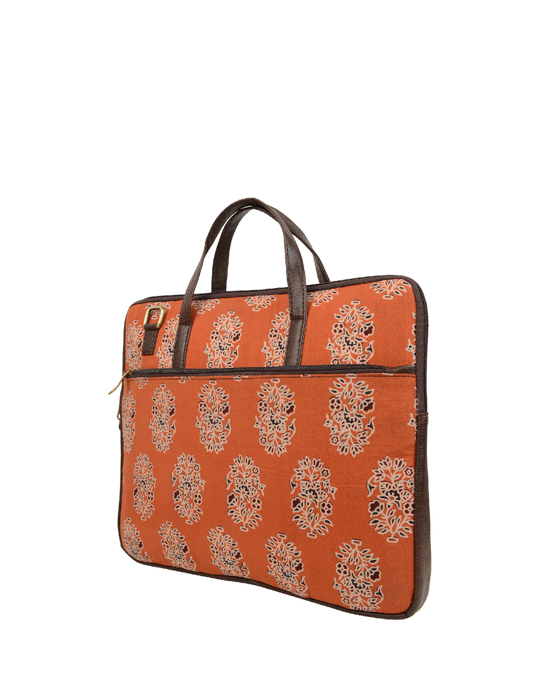 Shop Leatherette/Cotton 15.6 Inch Orange Leaf Print Padded Laptop Messenger Bag For Men & Women-Back