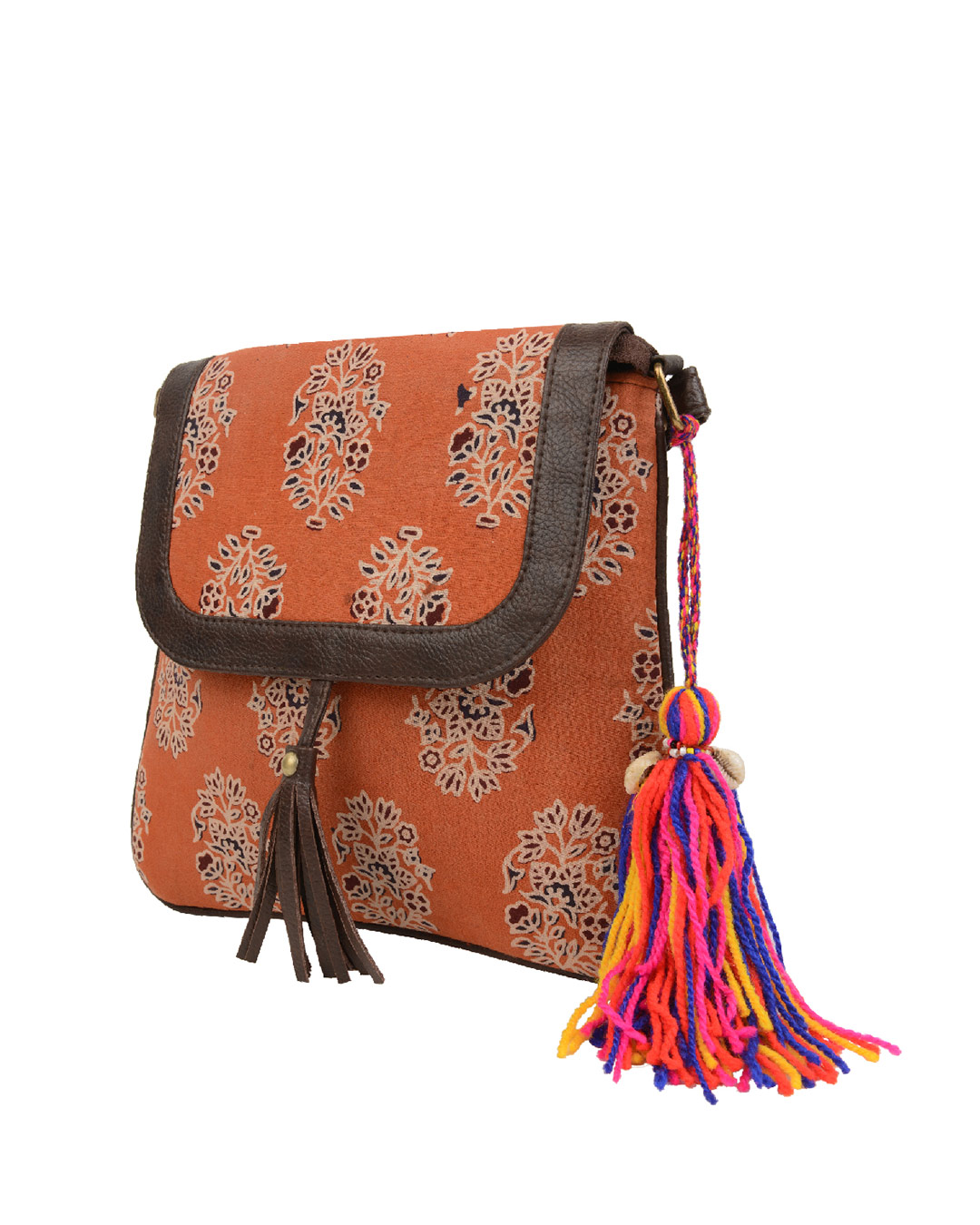 Shop Womens Ethnic Leatherette/Cotton Orange Leaf Tassle Sling Bag-Back