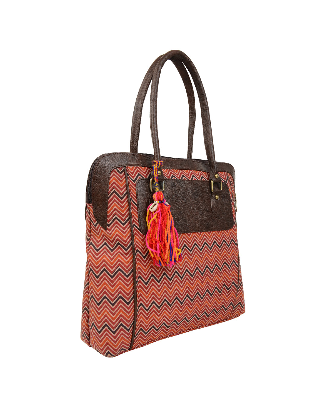 Shop Women's Ethnic Leatherette/Cotton Orange Leaf Tassle Tote Bag-Back