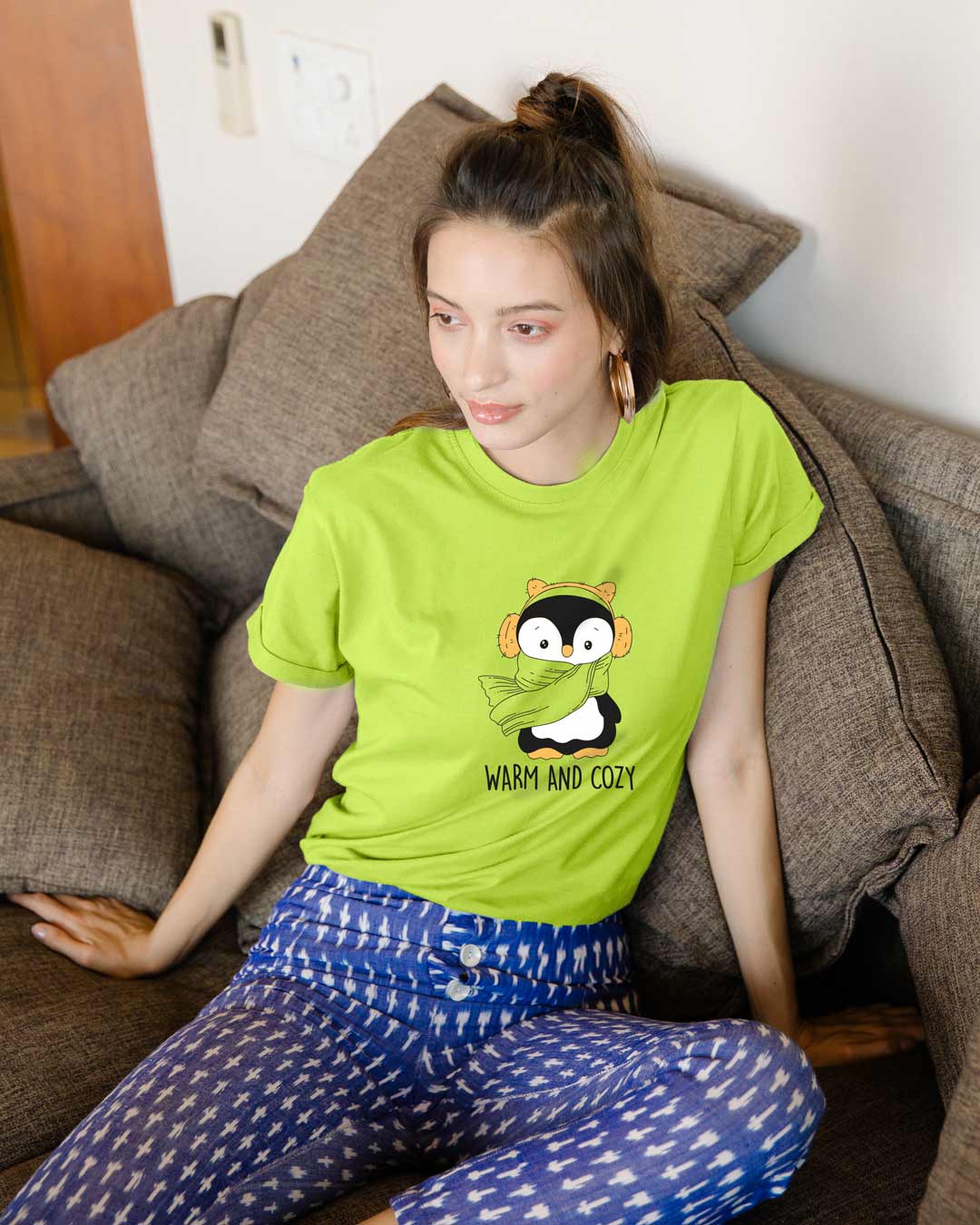 

WARM & COZY PENGUIN Boyfriend T-Shirts Neon Green Women' Printed Boyfriend T-Shirts Bewakoof.com