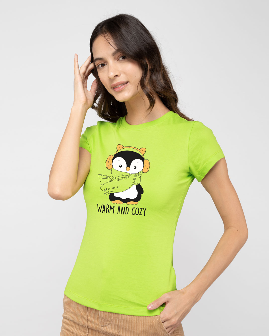 

WARM & COZY PENGUIN Half Sleeve Printed T-Shirt Neon Green Women' Half Sleeve Printed T-shirt Bewakoof.com