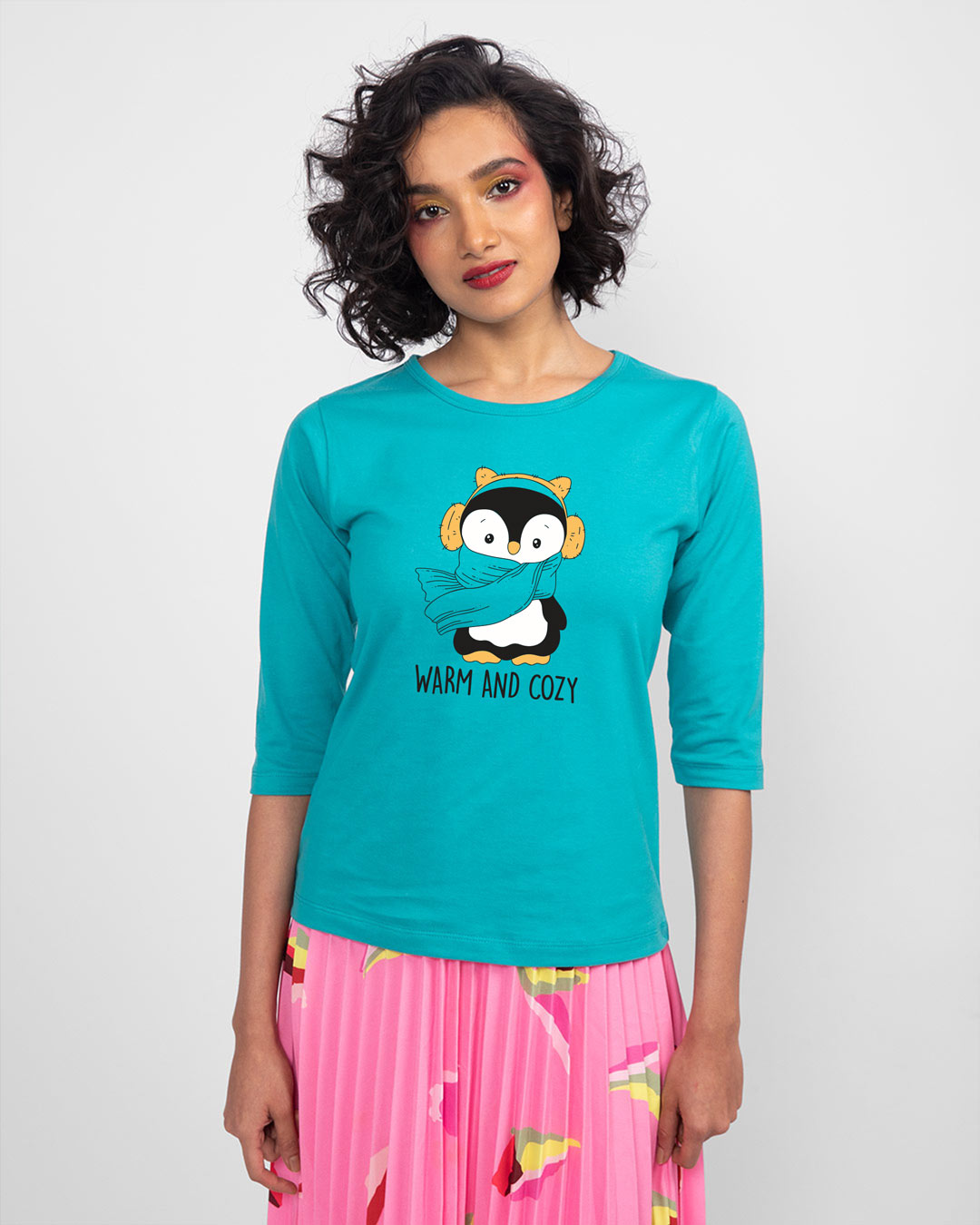 Shop Women's Blue Warm & Cozy Penguin 3/4th Sleeve Graphic Printed Slim Fit T-shirt-Back