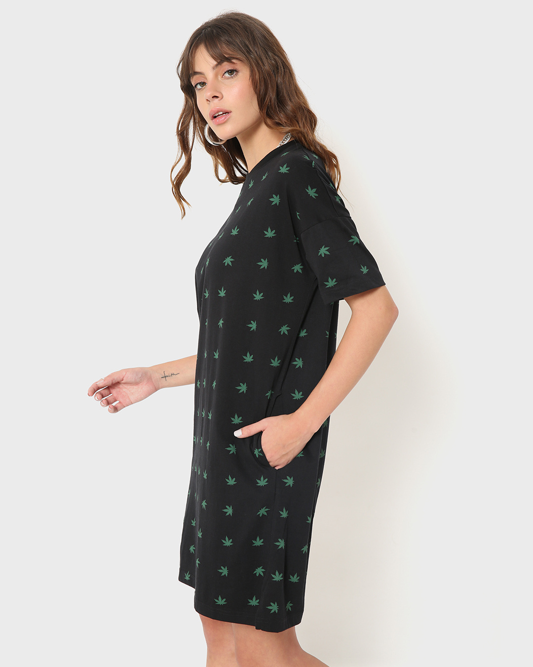 Shop Weed Leaf All Over Printed Boyfriend Dress-Back