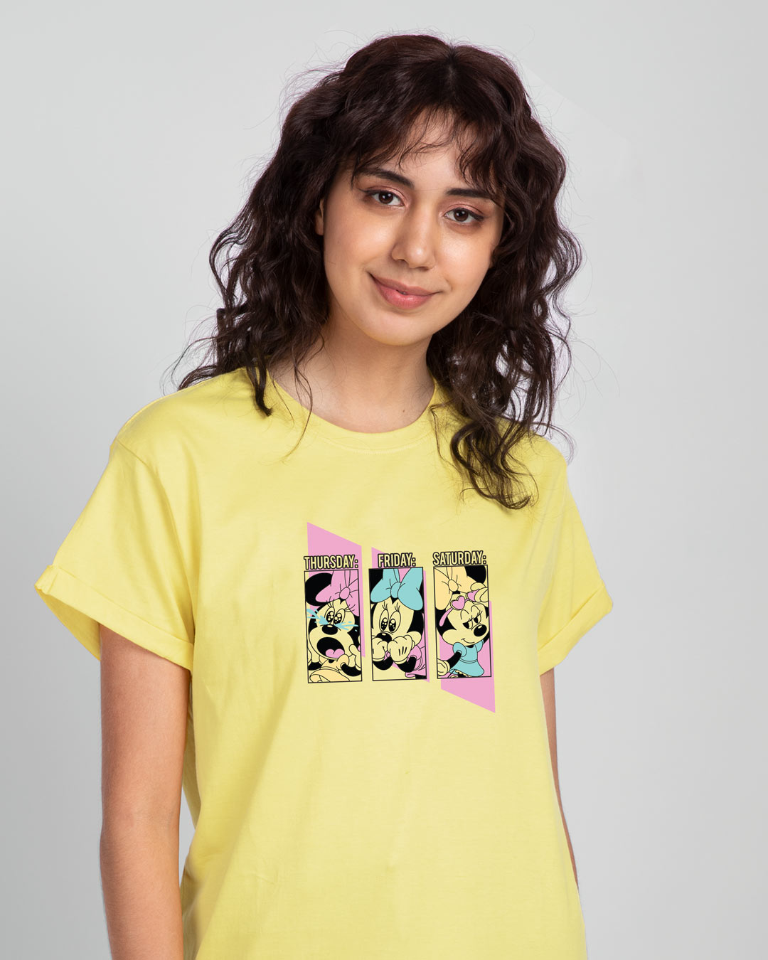 

Weekend Minnie Boyfriend T-Shirt (DL) Pastel Yellow Women' Printed Boyfriend T-Shirts Bewakoof.com