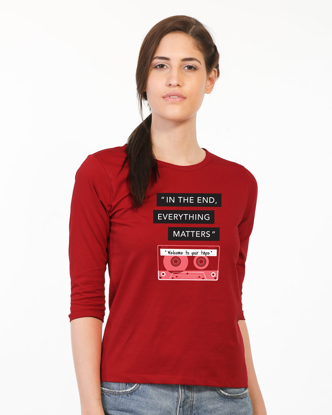 Shop Welcome To Your Tape 13 Round Neck 3/4 Sleeve T-Shirt Bold Red-Back