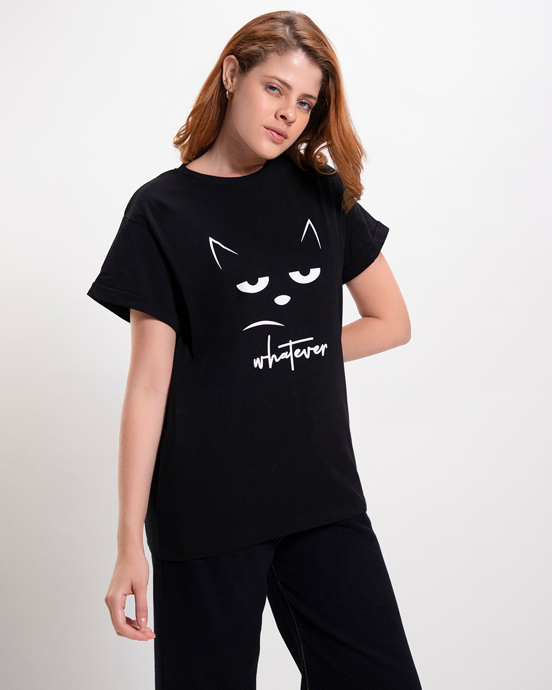 Shop Women's Black Whatever Cat Graphic Printed Boyfriend T-shirt-Back