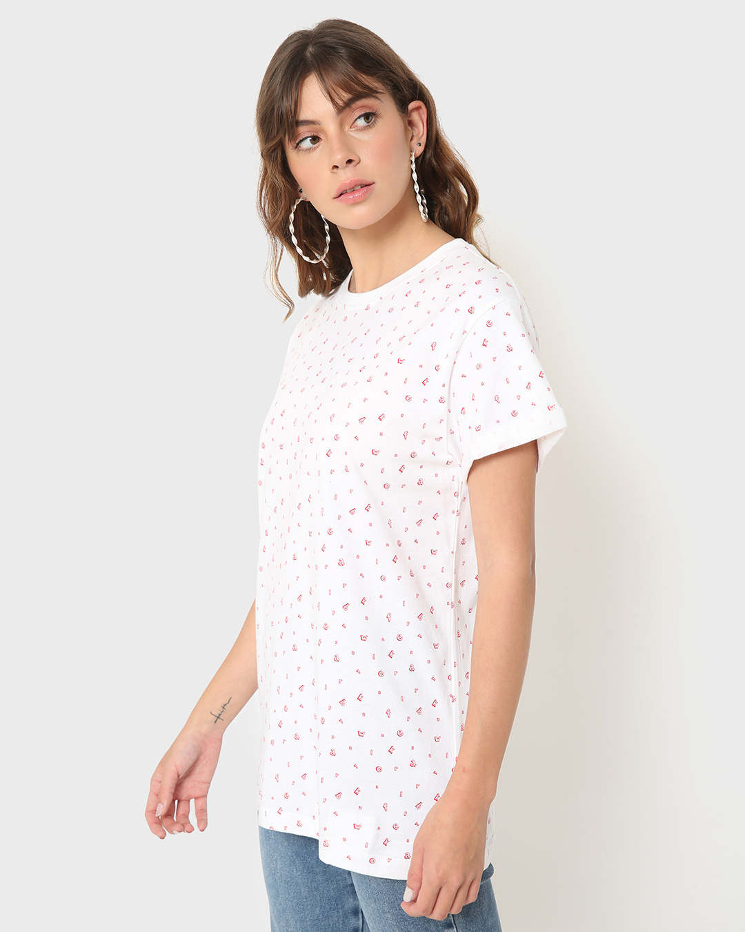 Shop White All Over Printed Boyfriend T-Shirt-Back