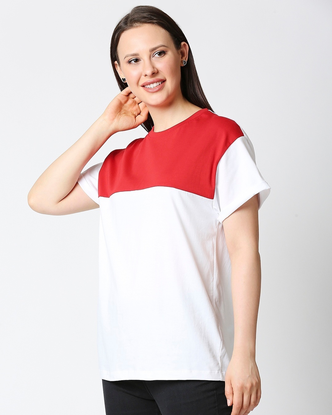 Shop White-Bold Red Color Block Boyfriend T-Shirt-Back