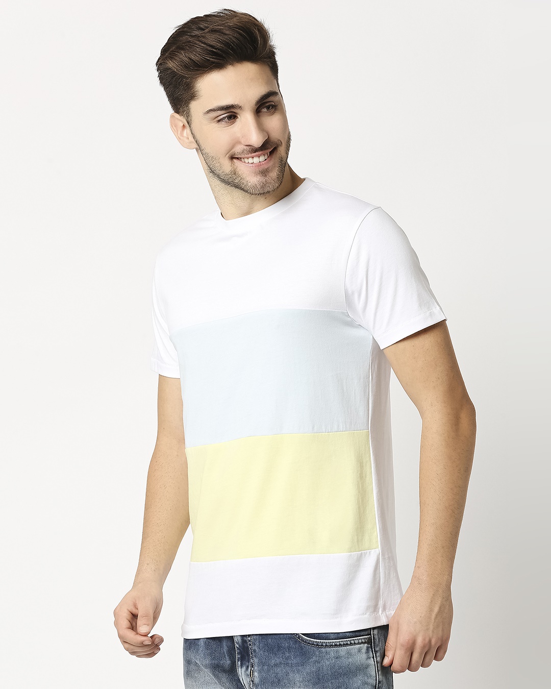 Shop Men's White & Yellow Color Block T-shirt-Back