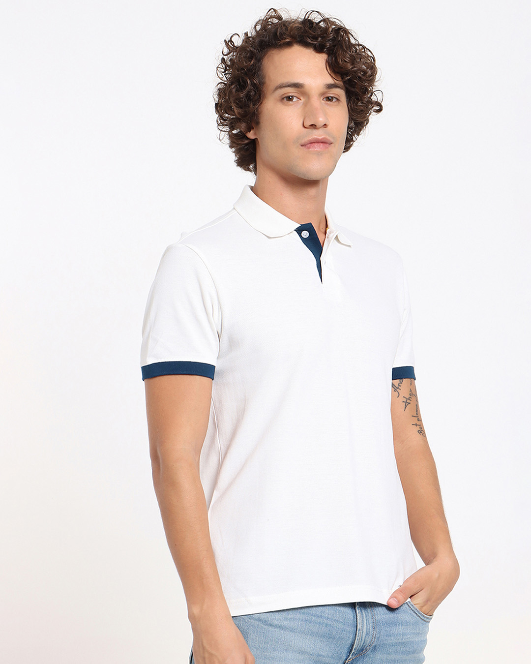 Shop White Contrast Sleeve Polo-Back