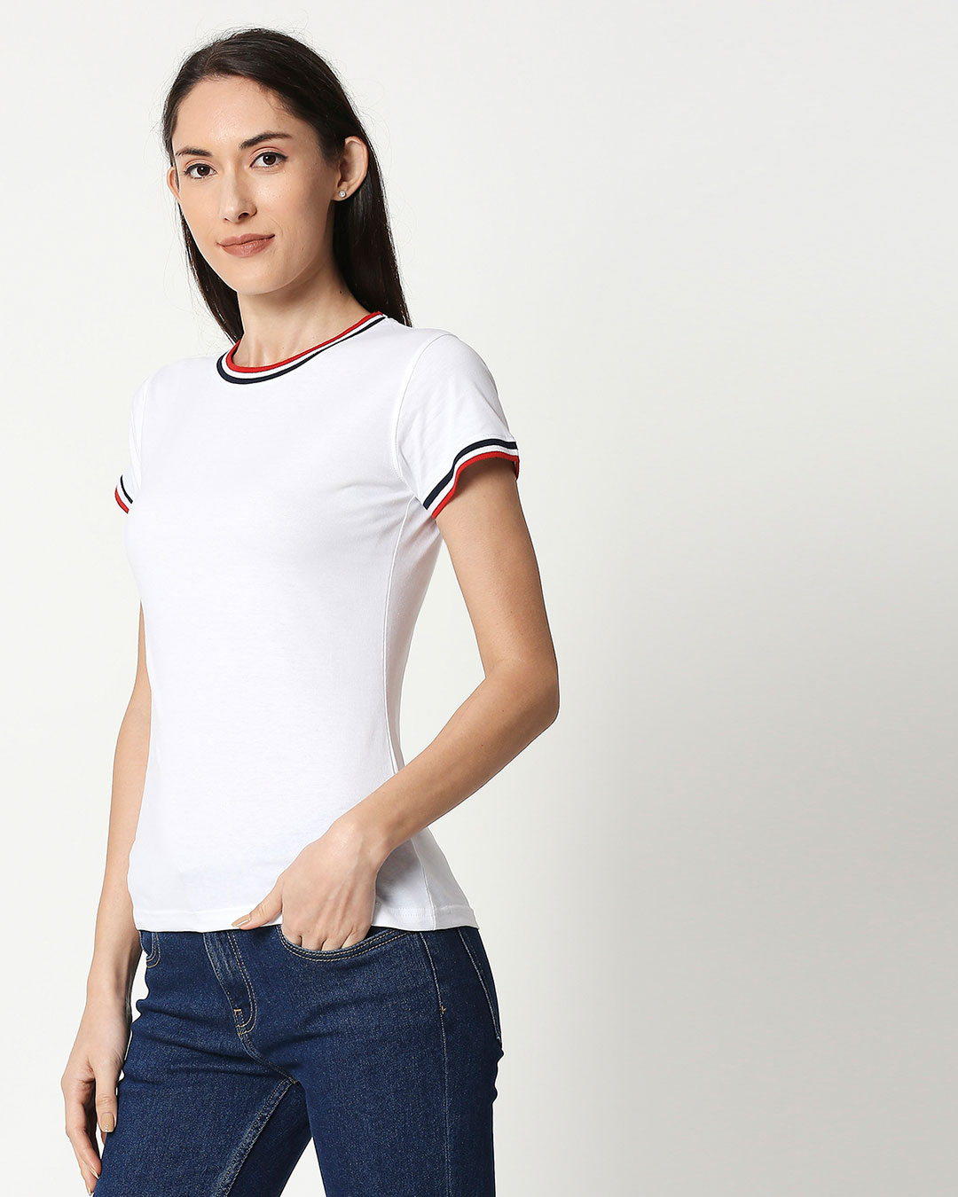 Shop White Crewneck Varsity Rib Half Sleeves T-shirt-Back