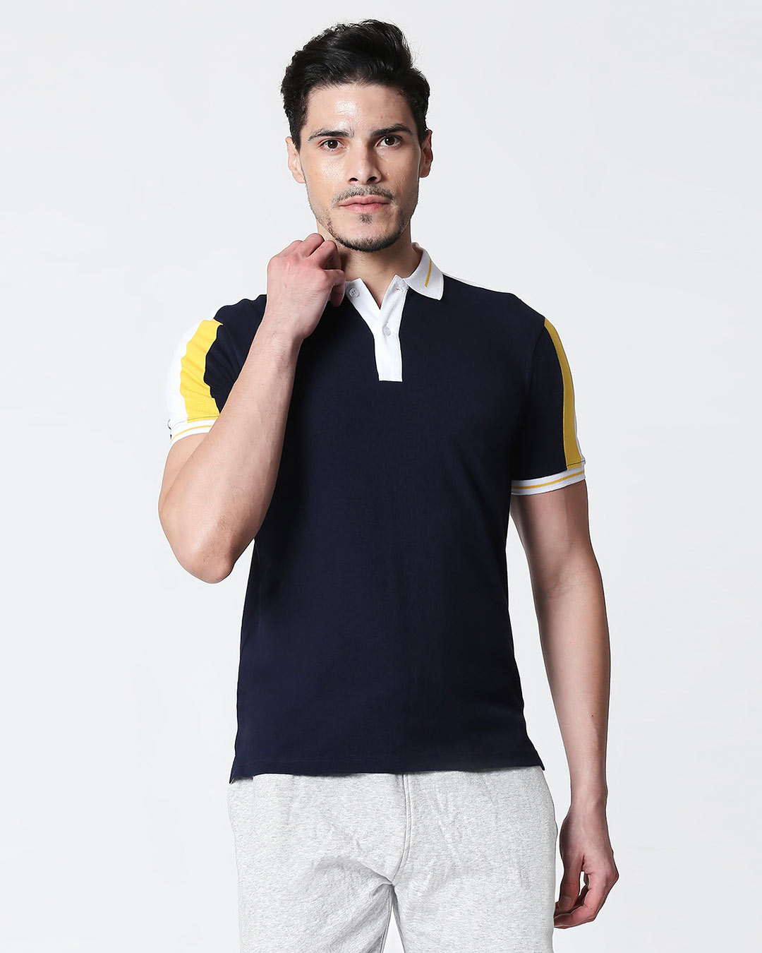 

Men' Dark Navy-White Sporty Sleeve Panel Polo T-Shirt Men' Plain Sleeve Panel Polo Bewakoof.com, White-yellow-blue