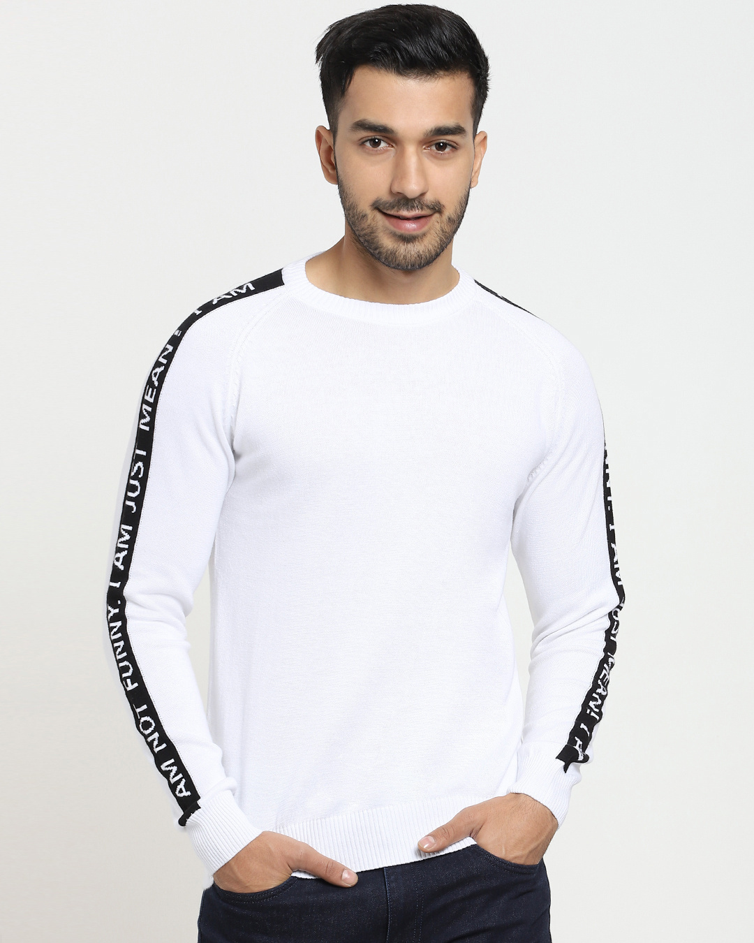 Shop Men's White Shoulder Panel Printed Sweater-Back