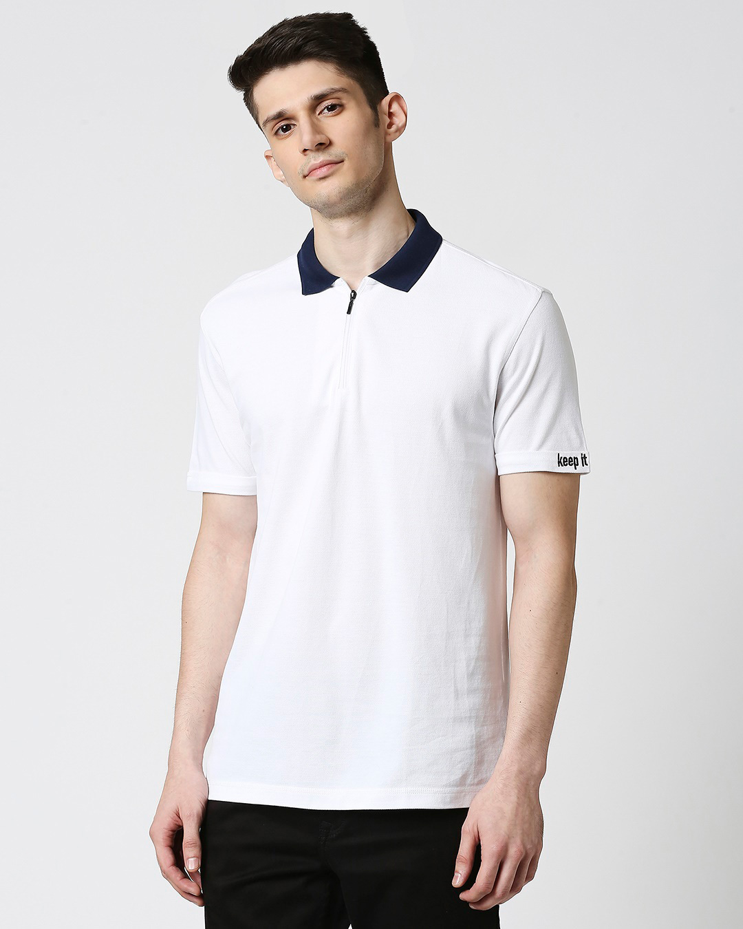 Shop White Half Sleeve Contrast Zipper Polo-Back