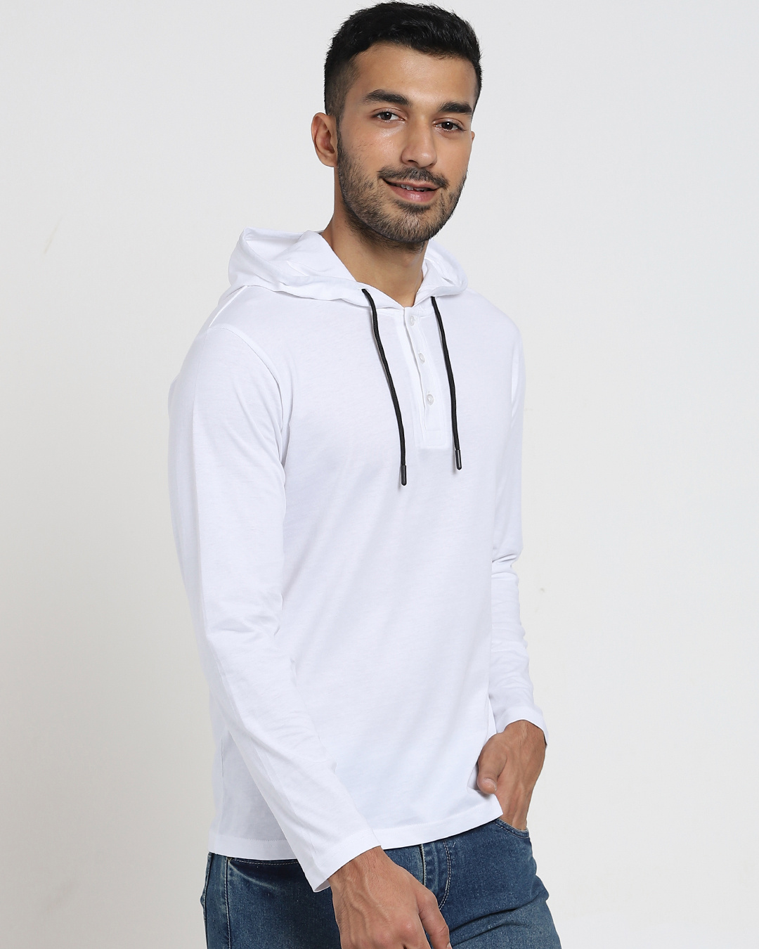 Shop Men's White Henley Hoodie T-shirt-Back