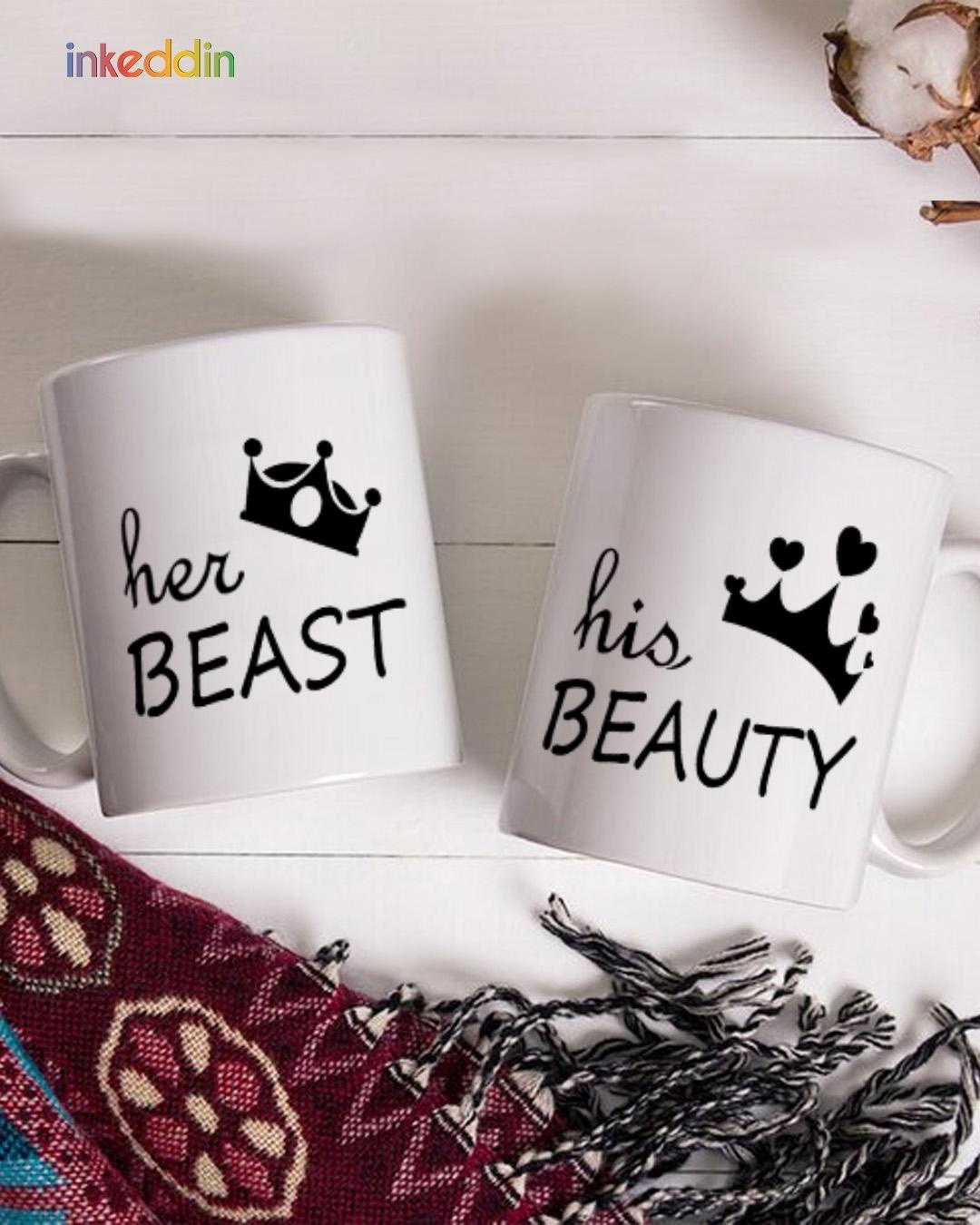 Shop White Her Beast & His Beauty Printed Ceramic Mug (330 ml, Set Of 2)-Back