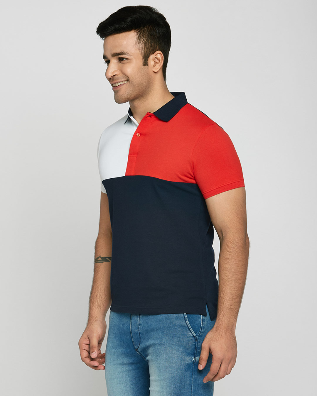 Shop White-Imperial Red-Dark Navy Half & Half Polo T-Shirt-Back