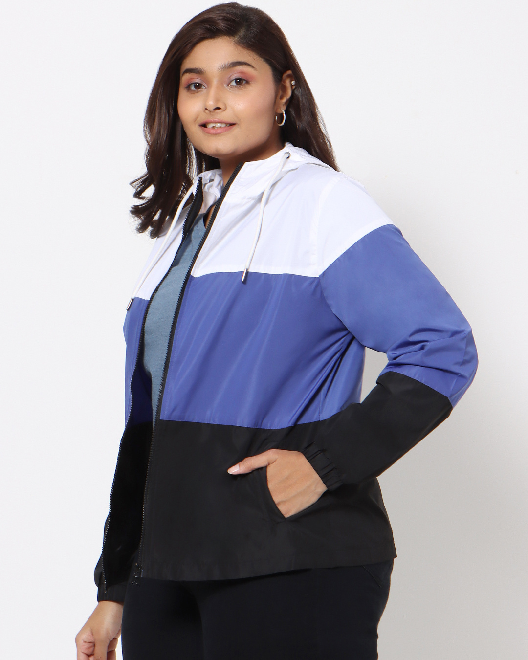 Shop Women's Multicolor Color Block Plus Size Windcheater Jacket-Back