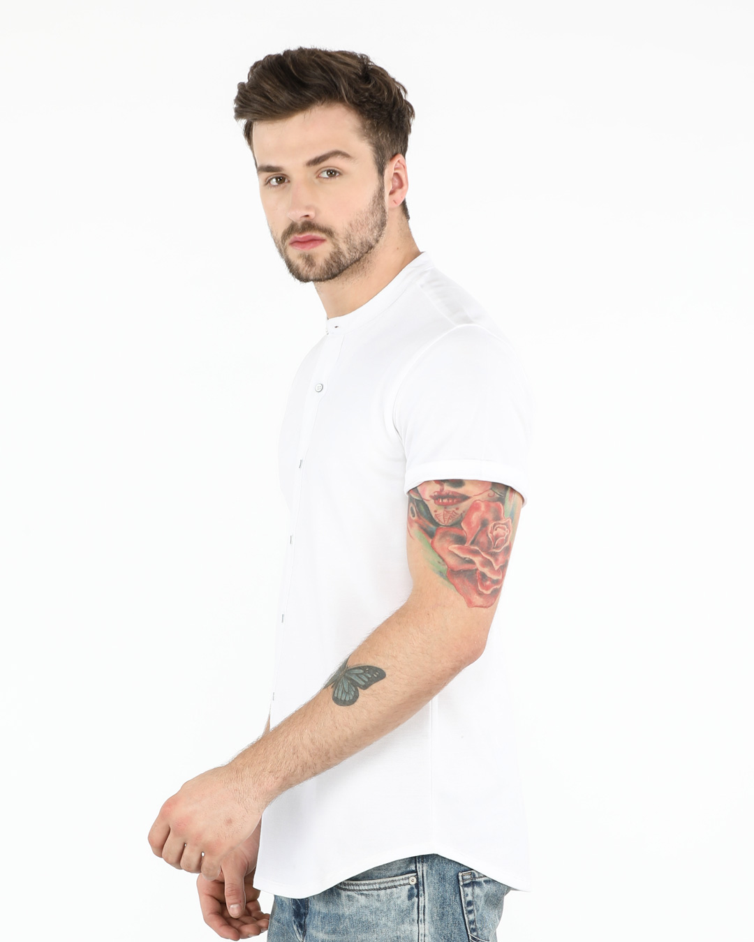 Shop White Mandarin Collar Pique Shirt-Back