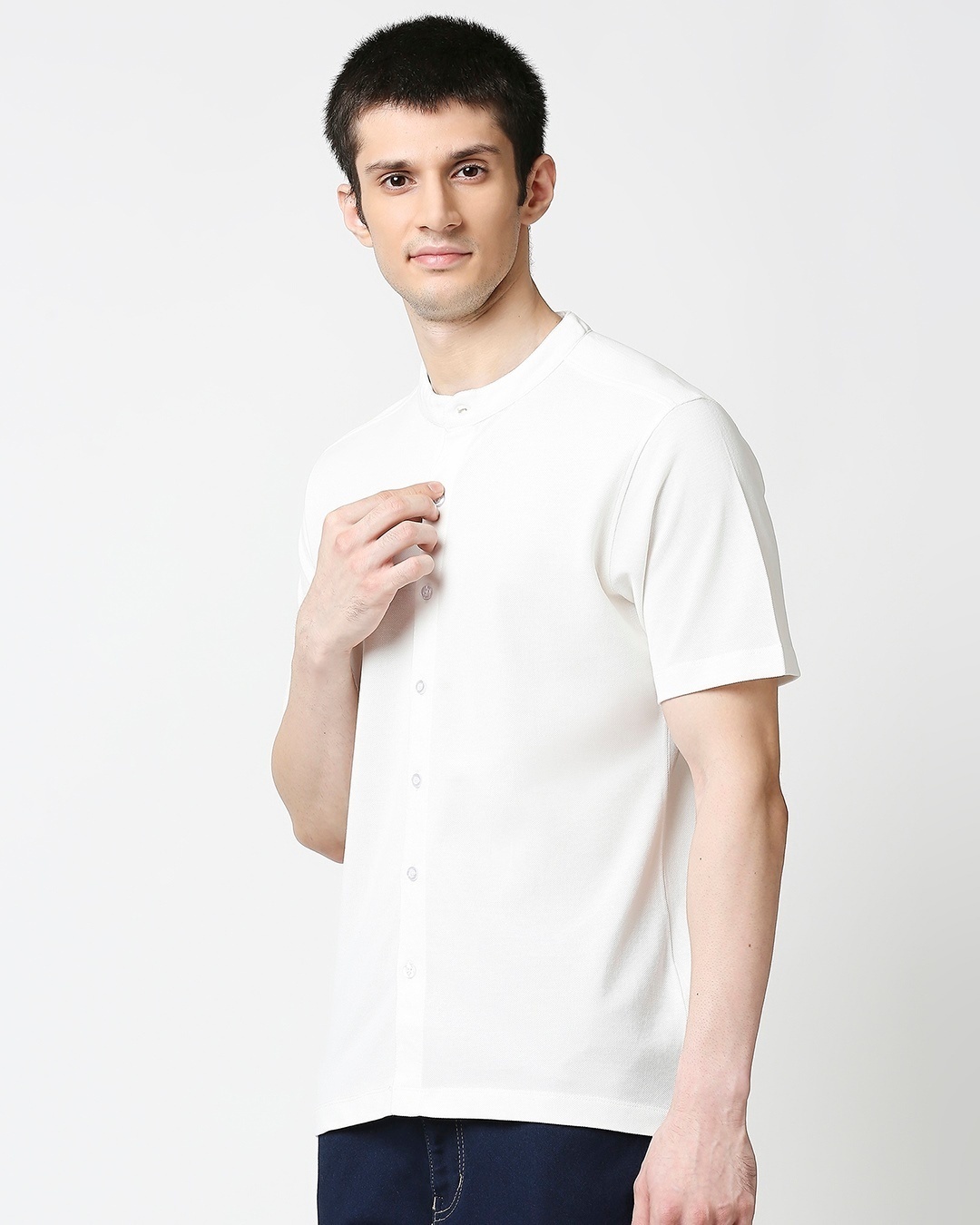 Shop White Mandrin CollarPique Half Sleeve Shirt-Back
